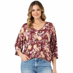 Daytrip Floral Dolman Top XL Burgundy V-Neck Batwing Boho Made USA